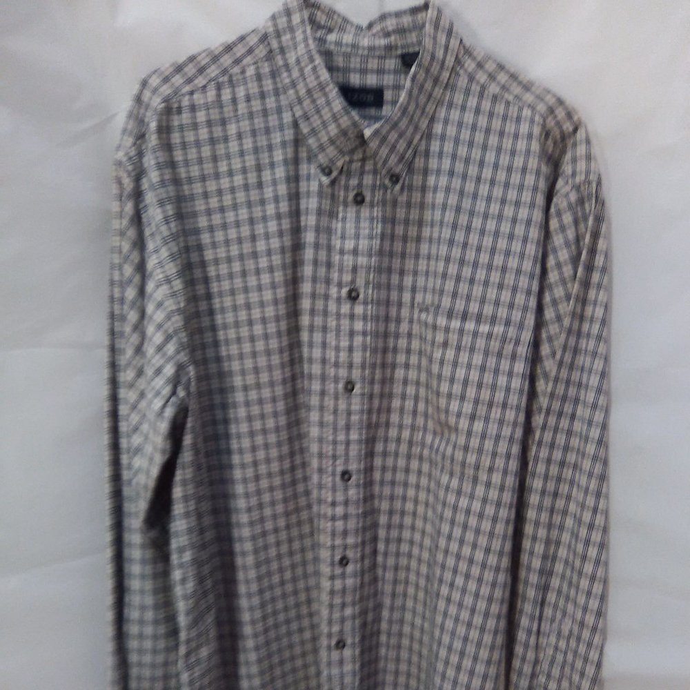 Izod Men's Long Sleeve Button Down  Shirt Color Tan/Blue Plaid Size Large